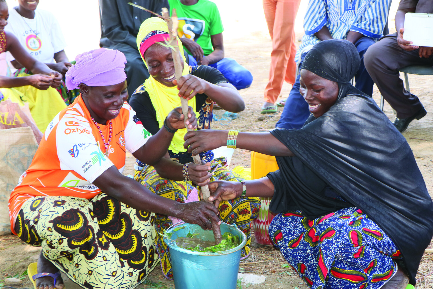 Trainees in Lioulgou village learn how to make liquid fertilizer.
